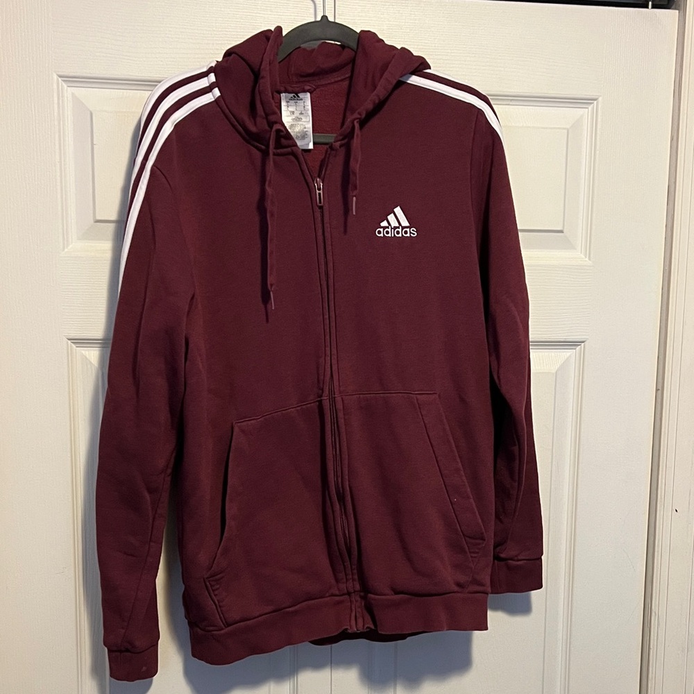 Adidas Burgundy Zip-Up Hoodie with White Accents